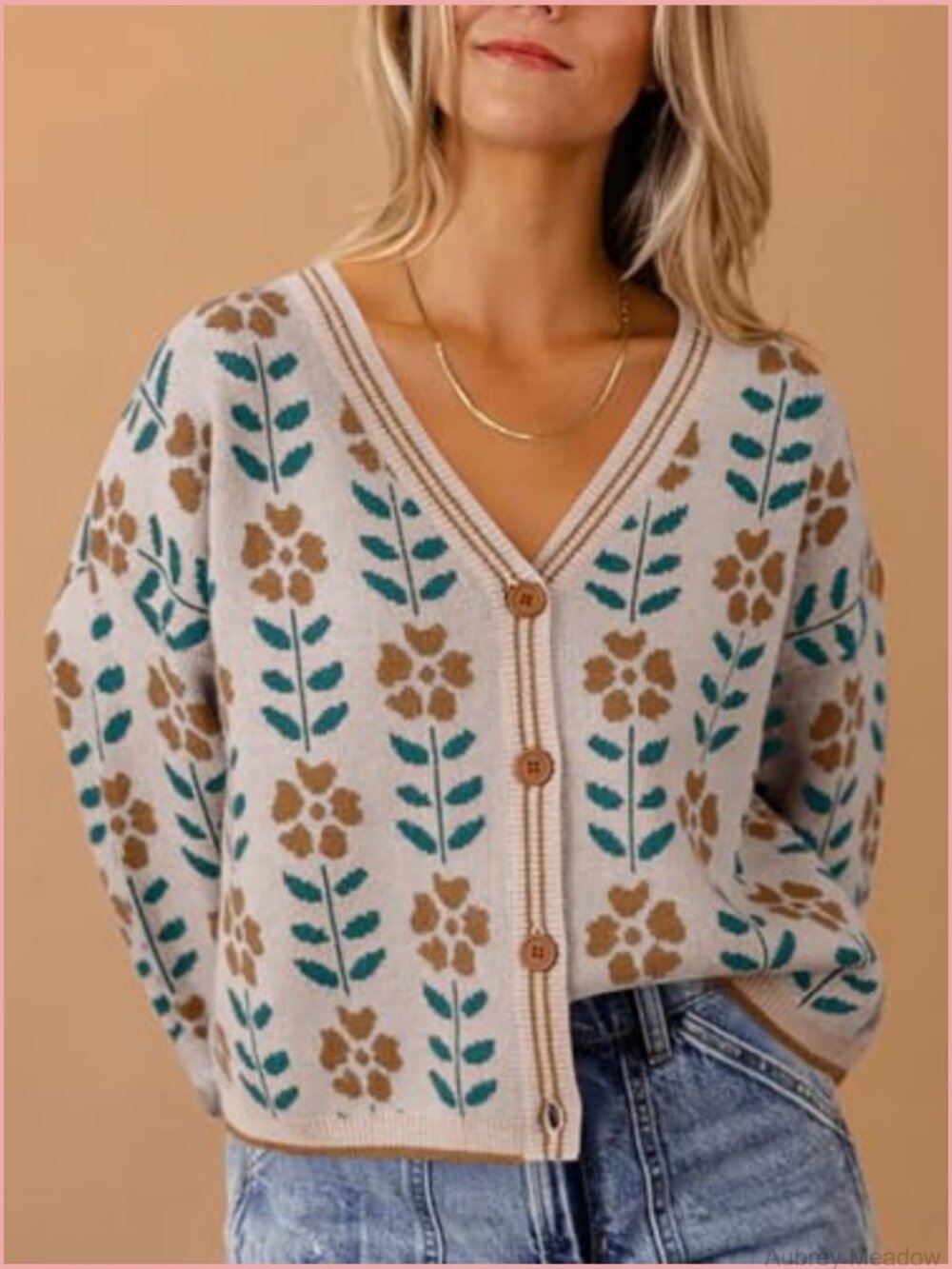 Floral Print V-Neck Cardigan Open Front Button Down Knit Sweater Long Sleeve - Picture 2 of 7